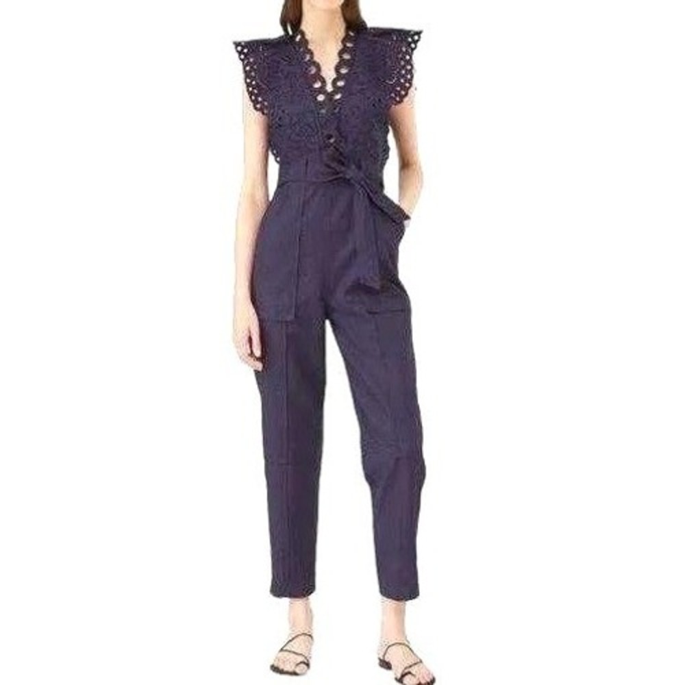 Rebecca Taylor Ariana Indigo Cotton Linen Eyelet Embroidered Jumpsuit Size 10